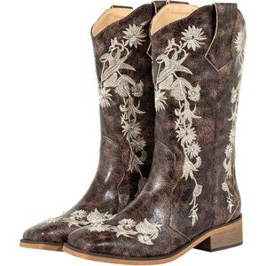 SheSole Womens Brown Ladies Cowgirl Boots Cowboy Mid Calf Square Toe